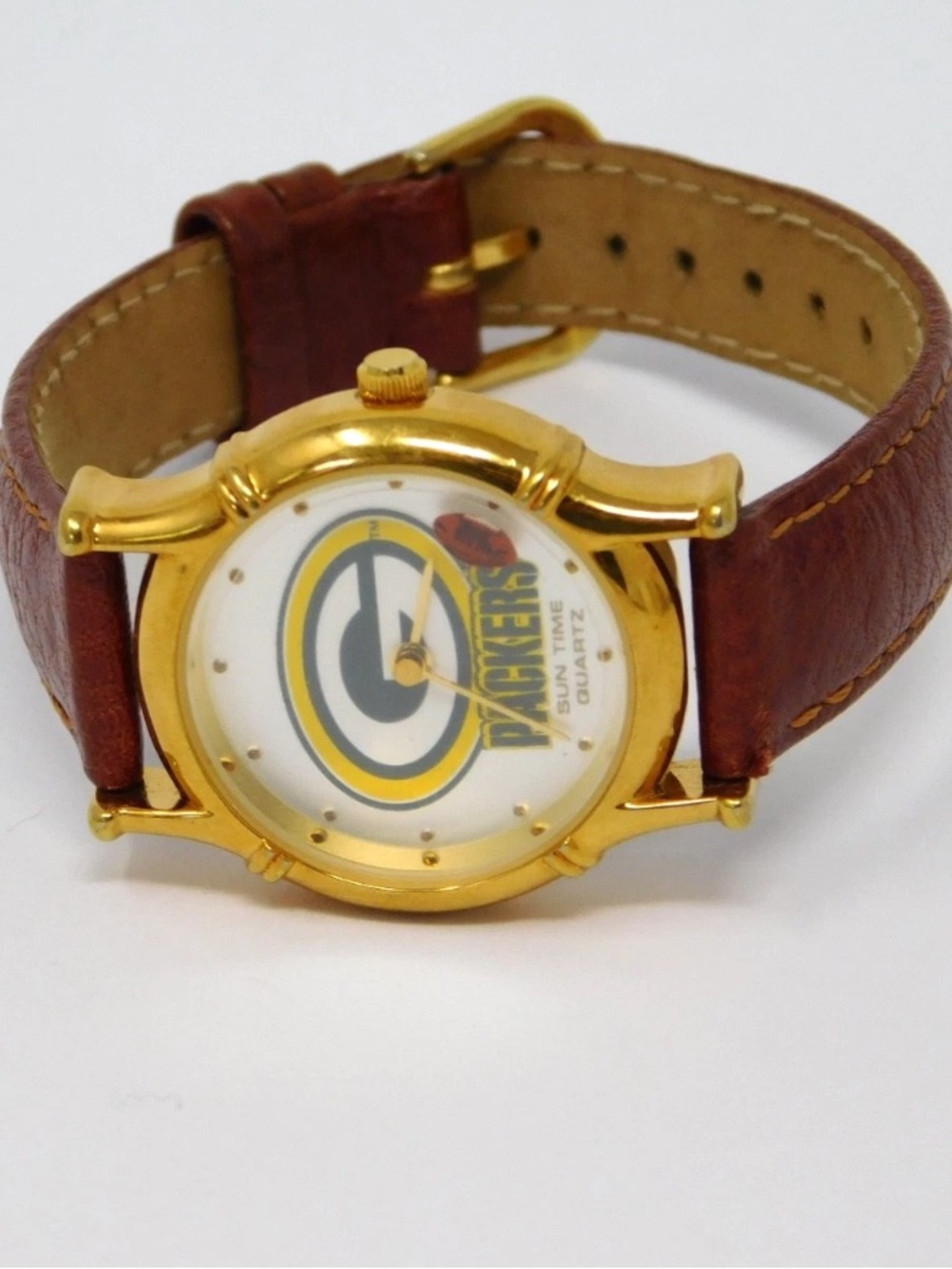 Green Bay Packers Women's Watch Sun Time Ticking Football Brown Leather Gold